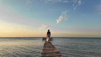 Solitary figure on a serene wooden pier during a tranquil sunset, evoking peaceful reflection and leisure travel concepts video