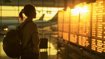 ai generado silueta joven turista Mira a vuelo información tablero con dorado ligero a aeropuerto . foto