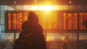 AI generated Silhouette young tourist look at flight information board with golden light at airport . photo