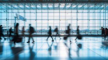 AI generated Motion blurred of passengers walking at modern airport . photo