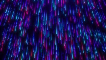 Abstract digital background with glowing neon particle lines. movement of a stream of luminous bright lines. Colorful rain of particles. Seamless loop video