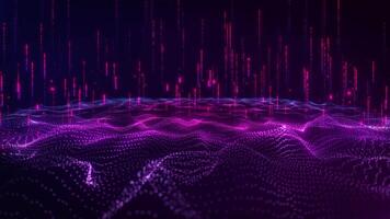 Abstract digital dynamic particle waves with light motion lights background, data flow, cyber technology. 3D rendering. Seamless loop 4k video. Screensaver video animation