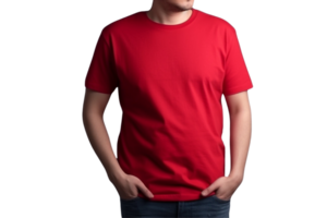 ai gegenereerd Mens in rood t overhemd mockup Aan transparant achtergrond PNG beeld
