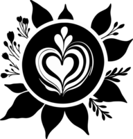 AI generated Top view of heart latte art coffee cup decorated with flowers in black and white, isolated illustration on transparent background png, design element for food, drink and coffee shop png