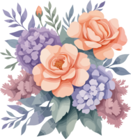 AI generated Orange and violet flowers bouquet illustration isolated on transparent background png, pastel painting design for mother, greeting card and wedding invitation png