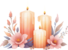 ai generato raggiante candele e fiori illustrazione isolato su trasparente sfondo png, pastello colore Perfetto design per speciale notte e rilassamento png