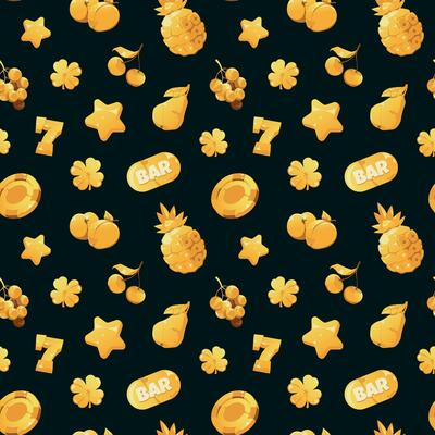Gold icons slot pattern. Seamless print of gambling symbols for slot machine and online casino web page, shiny fruits money and playing card icons. Vector texture