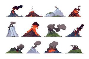 Volcano collection. Rock exploding with magma, smoke and ashes, volcanic mountains crater explosion with lava and dust, geothermal eruption. Vector set