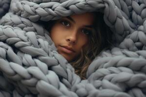 AI generated A person wrapped in a cocoon of blankets, seeking comfort and security photo