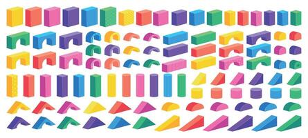 Isometric block constructor. Cartoon colorful building puzzle for children, plastic cubes cylinders and cones. Vector kids construction bricks set