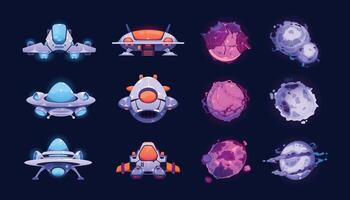 Fantasy planets and ships. Cartoon neon spaceship and cosmic icons for 2D game design, comic fantasy space ufo shuttles satellite rocket. Vector isolated set