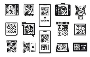 qr códigos. código de barras teléfono inteligente carné de identidad marco, exploración binario codificación etiqueta para Al por menor o Teléfono móvil aplicación, móvil pago y identidad concepto. vector conjunto