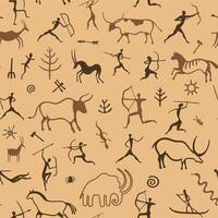 Cave painting pattern. Seamless print of primitive ancient drawing of hunting men, prehistoric animals and patterns. Vector ornamental texture