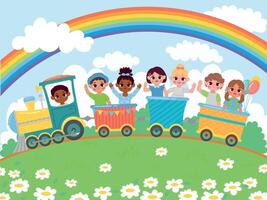 dibujos animados jardín de infancia contento niños paseo en juguete tren. contento niños sentado en carruajes debajo arco iris en cielo vector