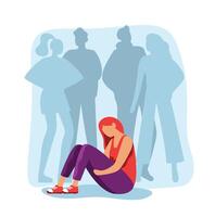 Feeling lonely, sad depressive person. Woman in depression sitting on floor among friends silhouettes vector