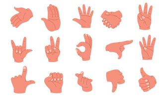 Hand gestures. Human palms and wrist showing emotions and signs, arm poses pointing fingers forefinger thumb up sign language icons. Vector cartoon set