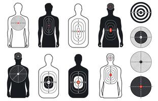 Human target. Shoot range paper with man silhouette, bullet pistol gun shot for firearm bow military props darts board. Vector isolated collection