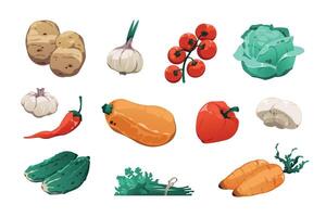 Cartoon vegetables. Organic food highly detailed farming game asset, fresh organic vegetarian food 2D sprite collection. Vector cabbage cherry tomato garlic mushrooms set