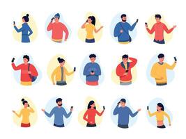 People talking on phone. Emotional characters communicating on smartphones, different reaction on conversation. Vector set