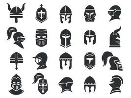 Medieval helmets. Ancient warrior knight head armor with visor plumage, spartan fighter protective elements flat style. Vector isolated collection