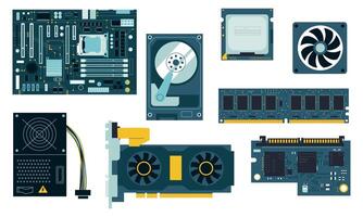 PC components. CPU GPU motherboard cooler, SSD and hand drawn memory modules, system unit and power supply. Vector personal computer parts isolated set