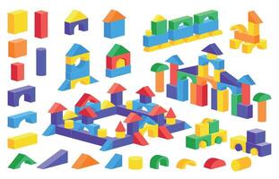 Cartoon block castle. Colorful children constructor toy, plastic brick puzzle game, building car castle. Vector cylinder cone cube parts isolated set