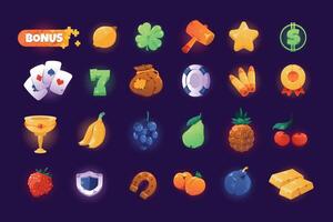 Casino symbols. Cartoon slot machine and spinning game colorful shiny icons, 2D game UI elements asset of fruits star heart playing card symbols. Vector set