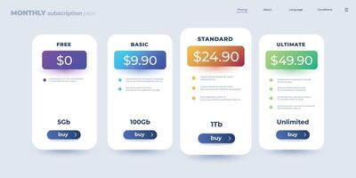 Pricing table. Monthly subscription comparison table infographic template with checklist of features. Vector web application presentation