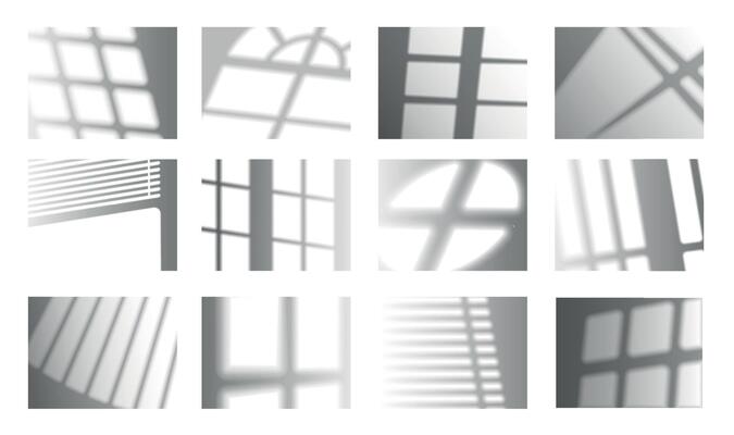 Window shadow overlay. Realistic light shade effect, window frames and sun blinder shadows overlapping on the wall. Vector isolated set
