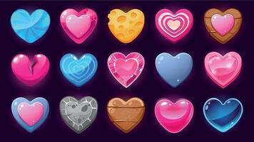 dibujos animados corazones activo. vida nivel 2d juego usuario interfaz iconos, lustroso caramelo corazón botones y duende elementos para móvil juego. vector corazón diseño conjunto
