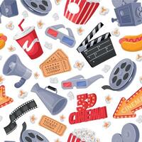 Movie elements pattern. Seamless print of film making and cinema theater symbols, camera bobbin ticket popcorn clapper megaphone icons. Vector texture