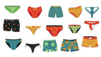 Men and women underpants. Doodle male female kid colorful underwear clothing, cartoon knickers laced bikini lingerie undies garment. Vector flat set