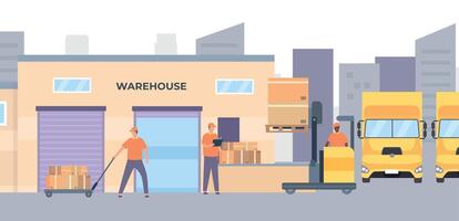 Warehouse workers and equipment. Male characters unloading parcels from pallet. Forklift moving cardboard boxes vector