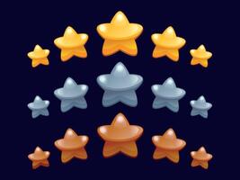 Game star rating. Cartoon level bonus and win award with row of stars graphic template for mobile 2D game interface element. Vector set