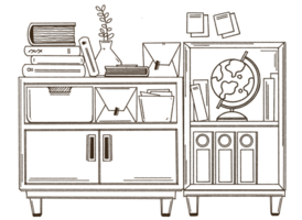 Bookshelf with various books doodle style illustration, Hand drawn bookcase. png