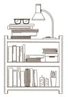 Bookshelf with various books doodle style illustration, Hand drawn bookcase. png