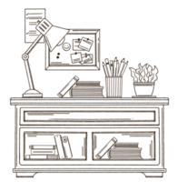 Bookshelf with various books doodle style illustration, Hand drawn bookcase. png