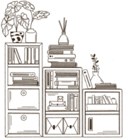 Bookshelf with various books doodle style illustration, Hand drawn bookcase. png