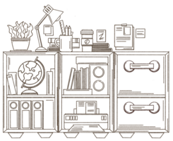 Bookshelf with various books doodle style illustration, Hand drawn bookcase. png