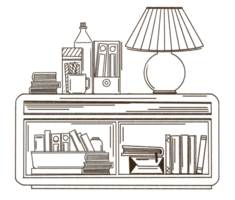 étagère à livres avec divers livres griffonnage style illustration, main tiré bibliothèque. png