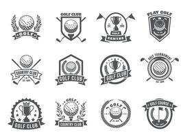 Golf logo. Emblem badges with golf clubs and balls for course emblem, retro country club badges with tee and ball. Vector isolated set