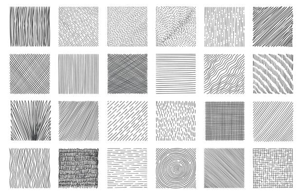 Hatching squares. Doodle geometric frame with crosshatch scratches, messy monochrome scratch drawing technic, paper draft artistic design. Vector isolated set