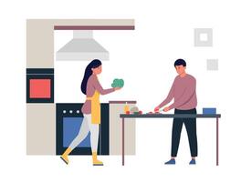 dibujos animados caracteres Cocinando juntos contento Pareja a cocina vector