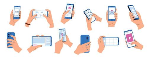 manos participación Los telefonos con aplicaciones teléfono inteligente con aplicaciones en monitor en plano estilo, móvil dispositivo con vídeo mensaje y Fechado aplicaciones vector aislado conjunto