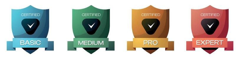 Certified shield badge. Accredited seal diploma for security protection, best achievement award for hacking course. Vector certificate set