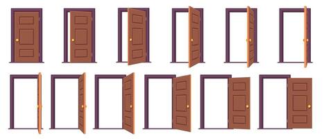 Open door sequence. Cartoon steps for animation of entrance and exit through door, white frames for sprite game asset. Vector isolated set