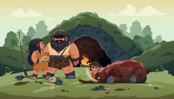 Prehistoric tribe. Cartoon primitive man and woman characters with bones and tools, prehistoric evolution flat characters lifestyle, hunting and routine. Vector illustration