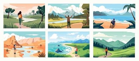 People enjoying landscape view. Cartoon characters hiking and camping on nature, travelers and hikers discover new places. Vector isolated set