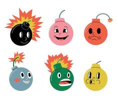 Bomb character. Doodle explosive round weapon mascot with funny retro cartoon faces and expressions vector