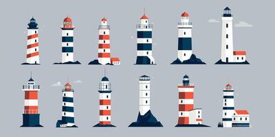 Lighthouses collection. Cartoon nautical navigation light tower, lighthouse beacon and light house symbol, marine seaside architecture flat style. Vector set